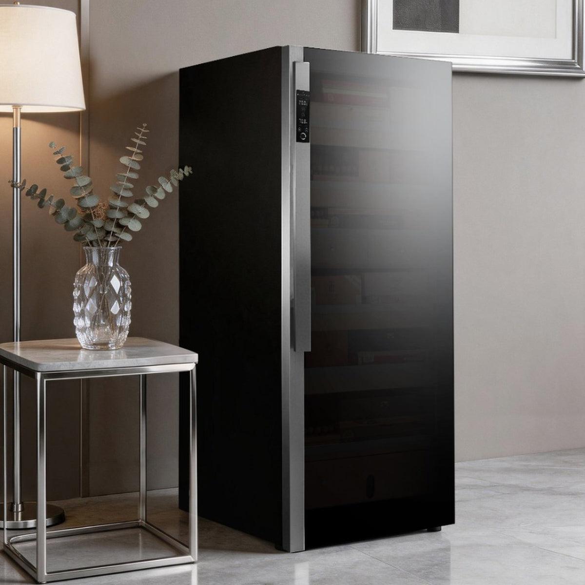 Raching DM52 Dark Matter cigar cabinet in a light marble interior