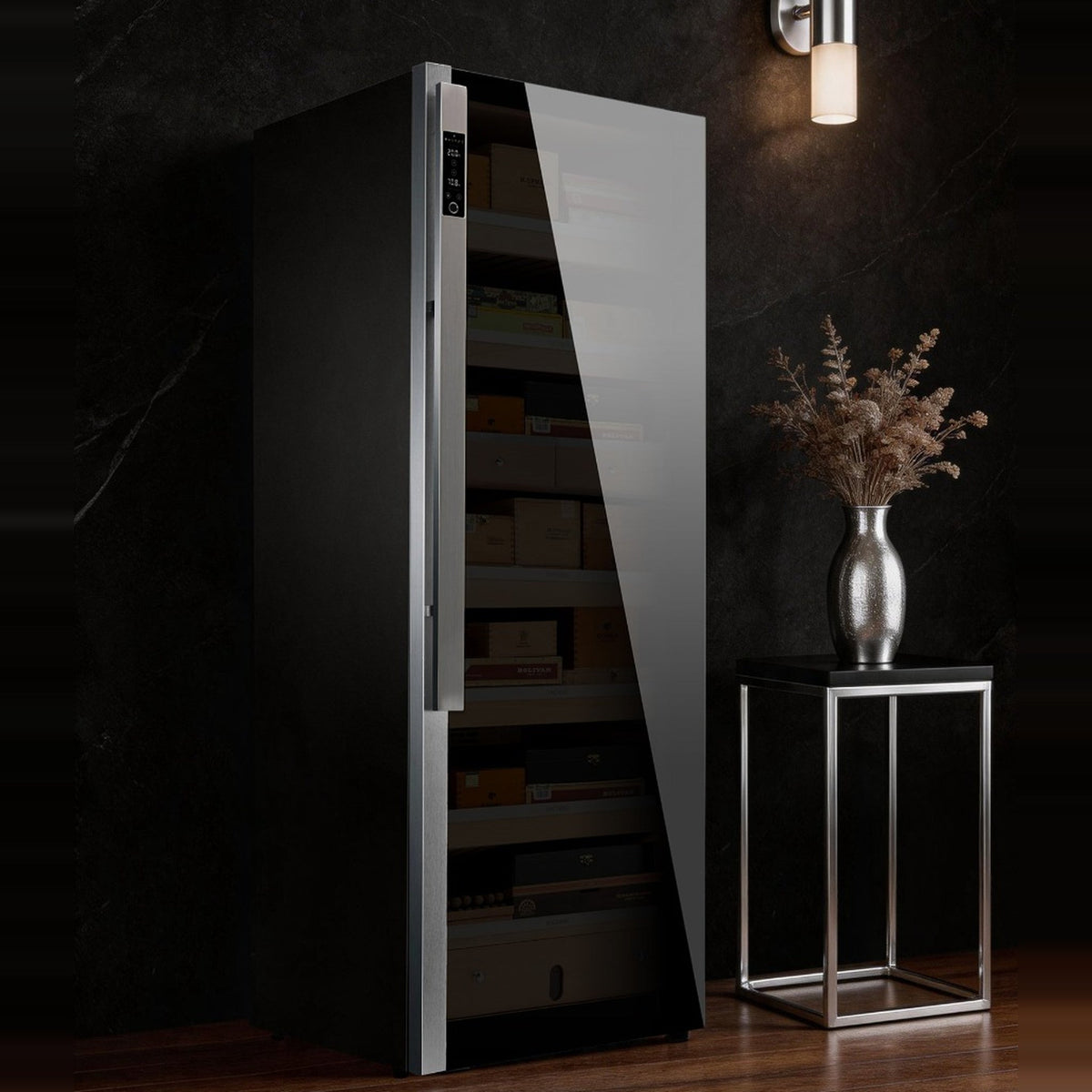 Raching DM56 Dark Matter cigar cabinet against a dark marble wall on wood flooring