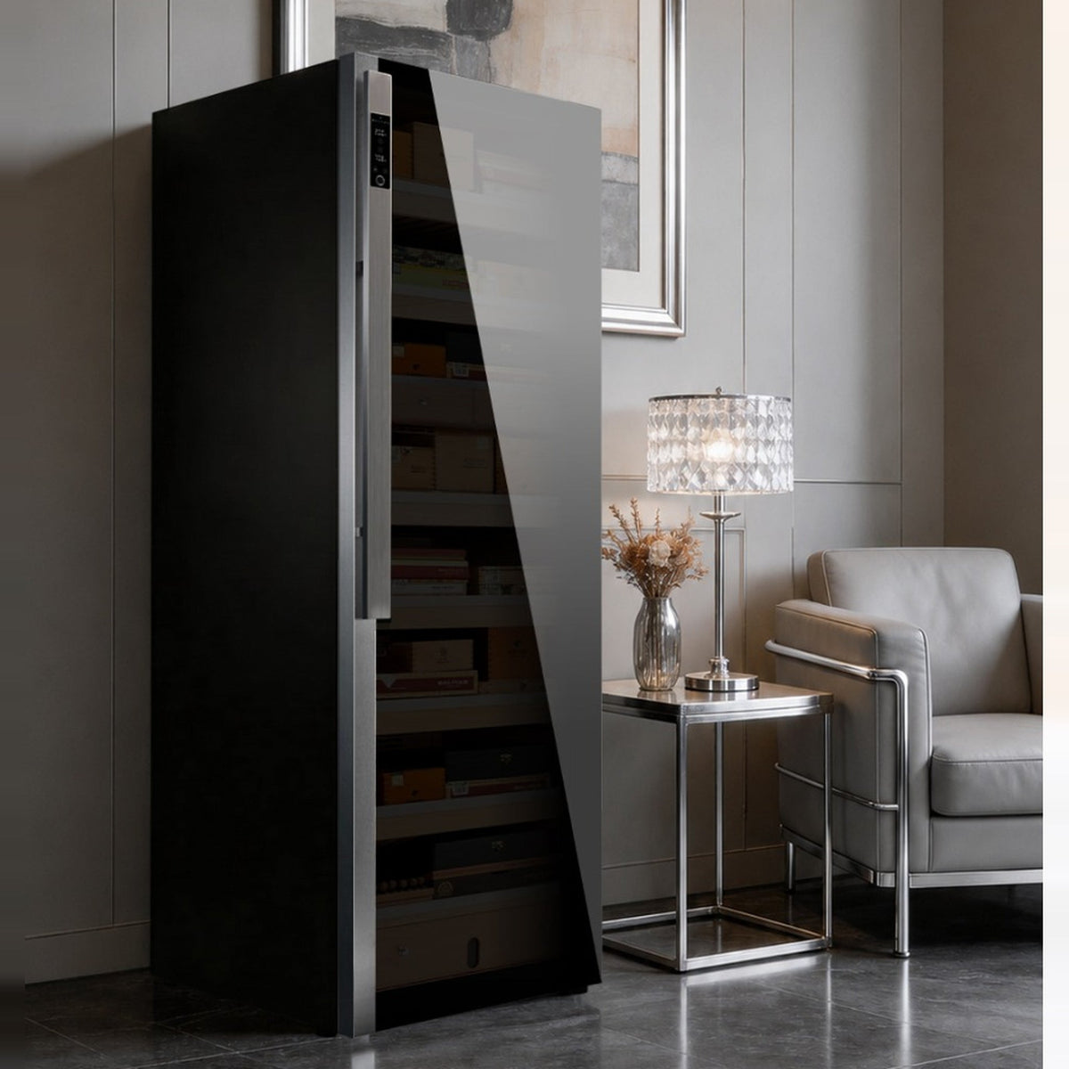 Raching DM58 Dark Matter cigar cabinet in a pale panelled sitting room