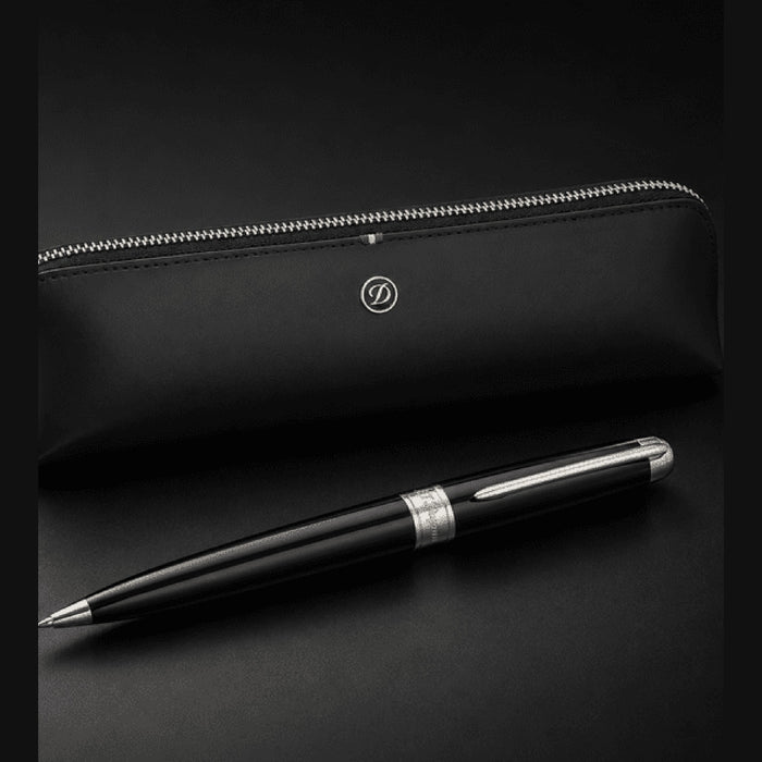 S.T. Dupont holiday set SET-BTS-01 - Line D Eternity large ballpoint pen in black lacquer and palladium beside a black leather pen pouch