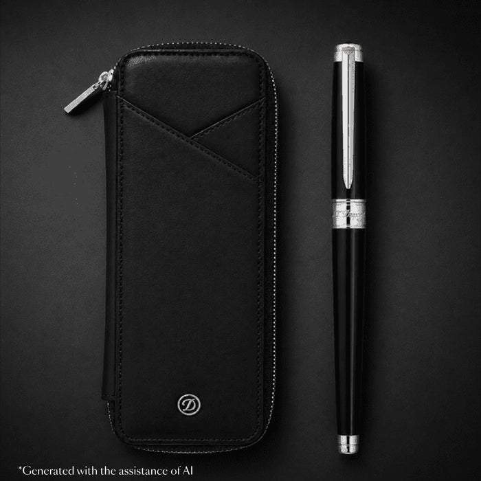 S.T. Dupont holiday set SET-BTS-02 - Line D Eternity large fountain pen in black lacquer and palladium beside a black leather X3 pen case