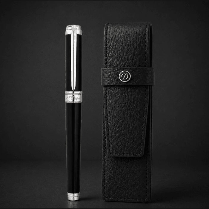 S.T. Dupont holiday set SET-BTS-03 - Line D Eternity XL rollerball pen in black lacquer and palladium beside a grained black leather XL pen case