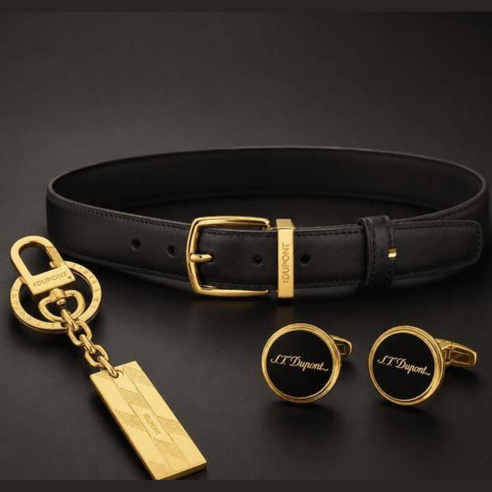 S.T. Dupont holiday set SET-EU-01 - black D-Line belt with gold buckle, gold 1872 keyring and black lacquer cufflinks with gold finish