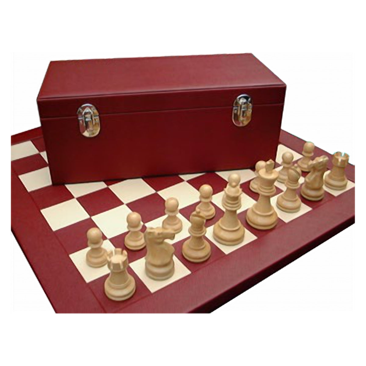 Geoffrey Parker – coffret d’échecs en cuir rouge avec pièces Staunton sur échiquier incrusté