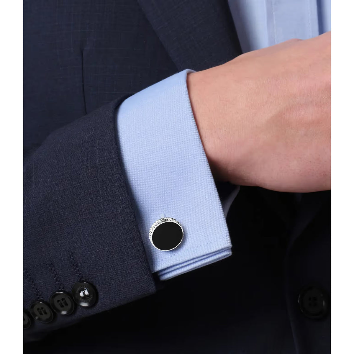 DAVIDOFF PARIS Cufflinks Round Silver Black - back