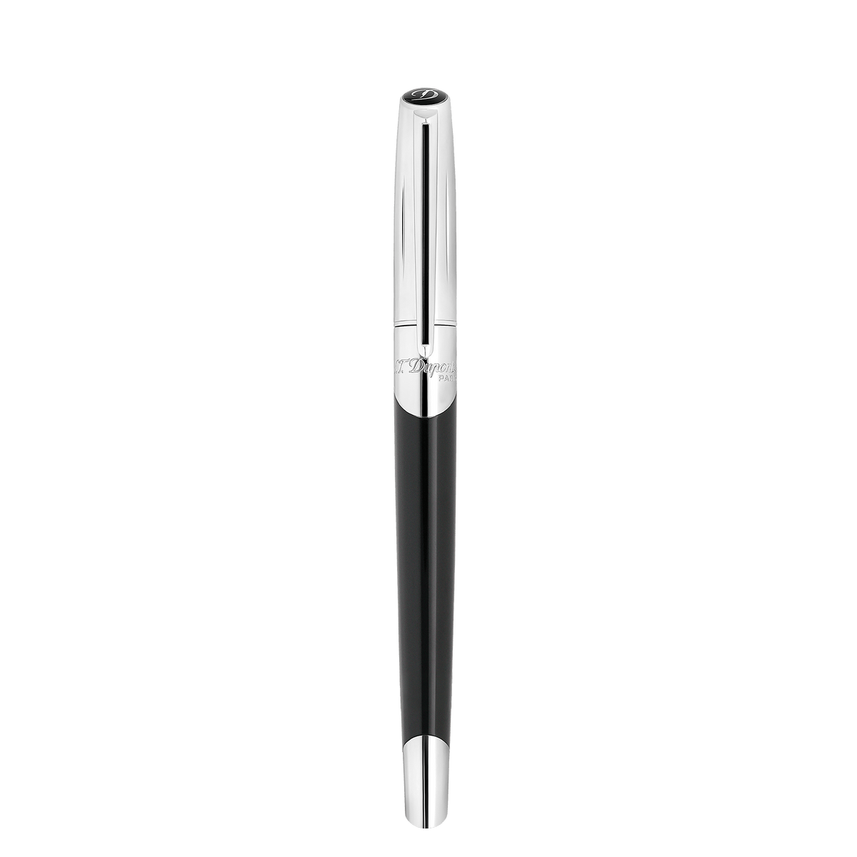 Stylo plume S.T. Dupont brillant argent noir — vue de trois quarts