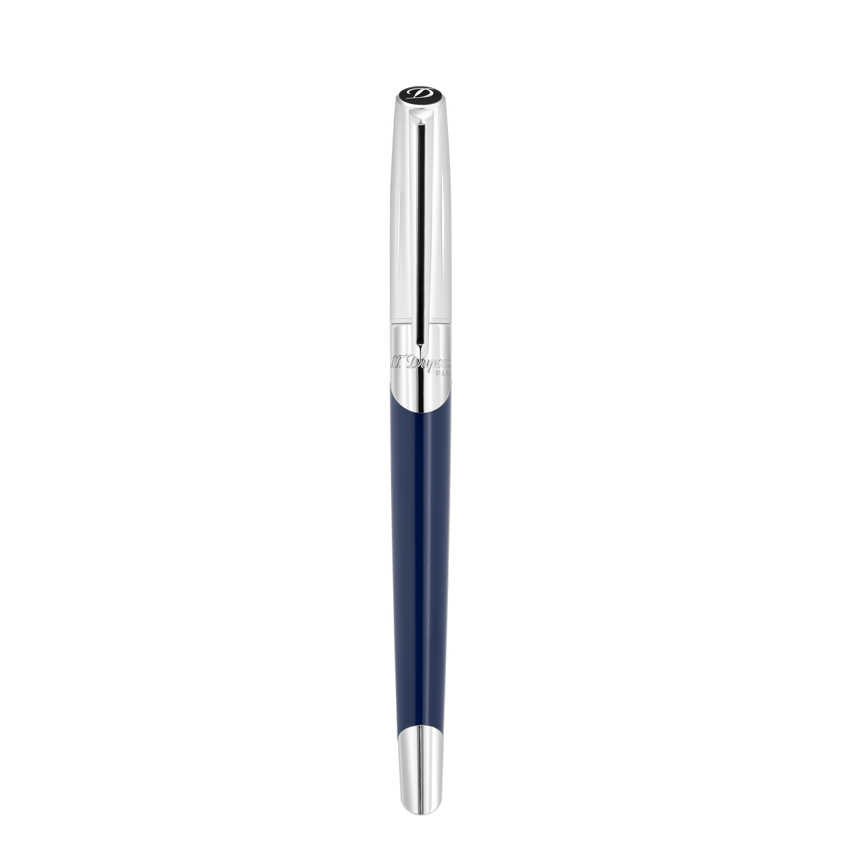 Stylo plume S.T. Dupont argent bleu bleu marine — vue de trois quarts