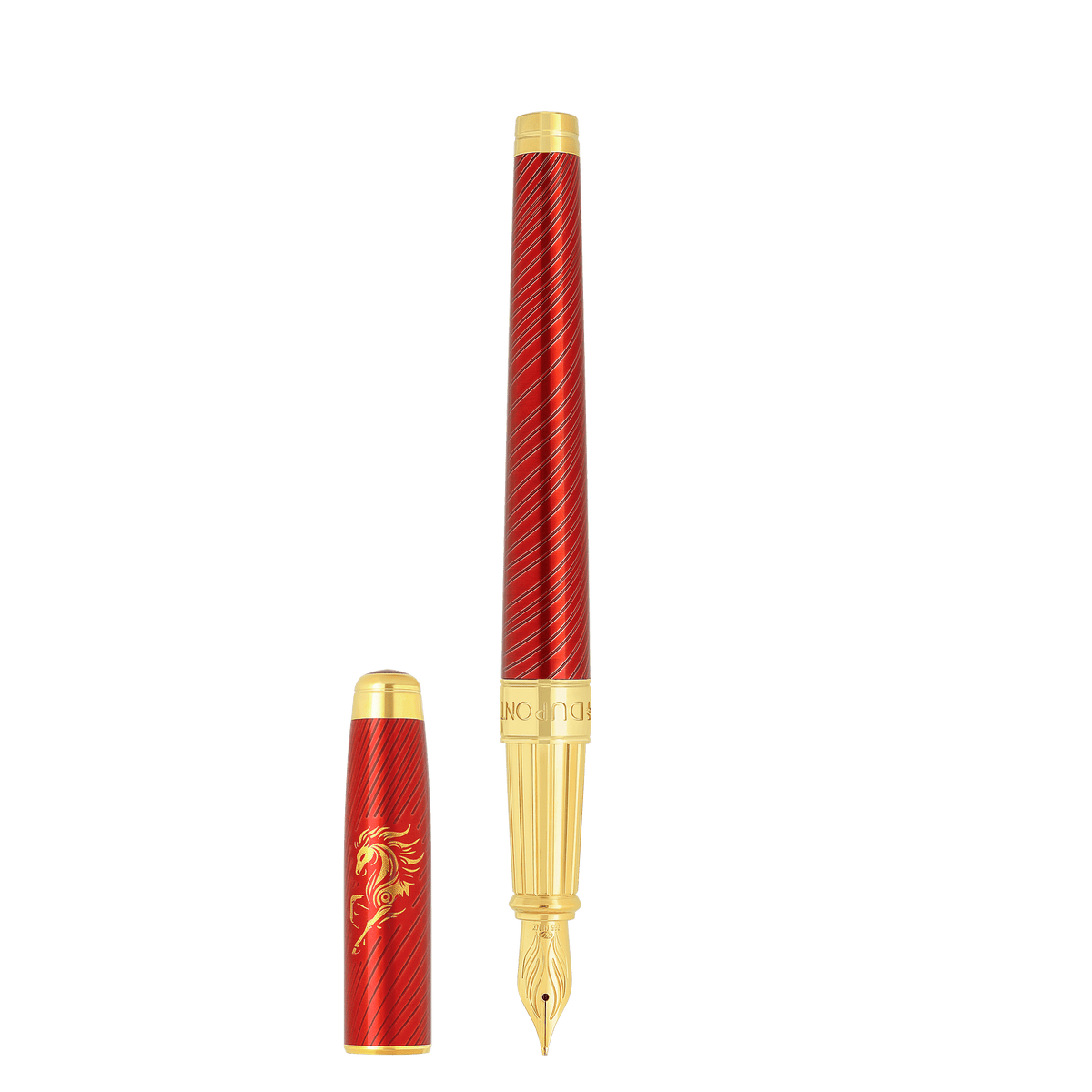 S.T. Dupont Line D Eternity - grand stylo plume nouvel un chinois Horse rouge / or jaune — vue de trois quarts