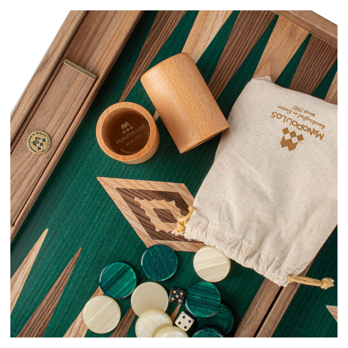 Manopoulos Walnut with Green Oak Backgammon (8)