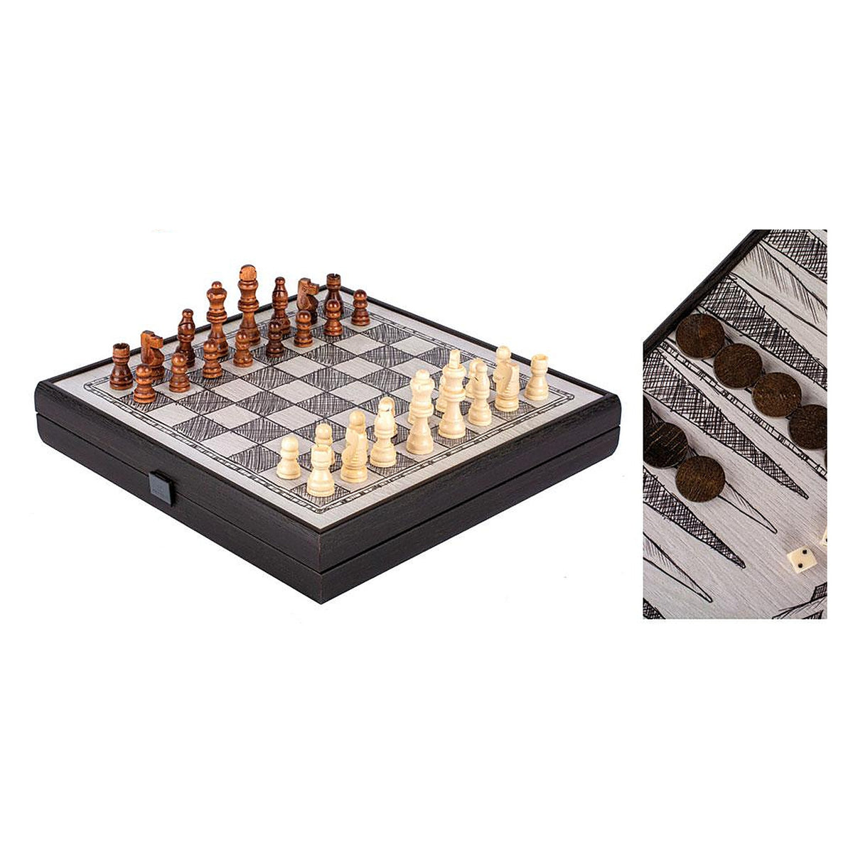 Manopoulos 4-In-1 Combo Game - Chess, Backgammon, Ludo & Snakes – Freehand Sketch · Black