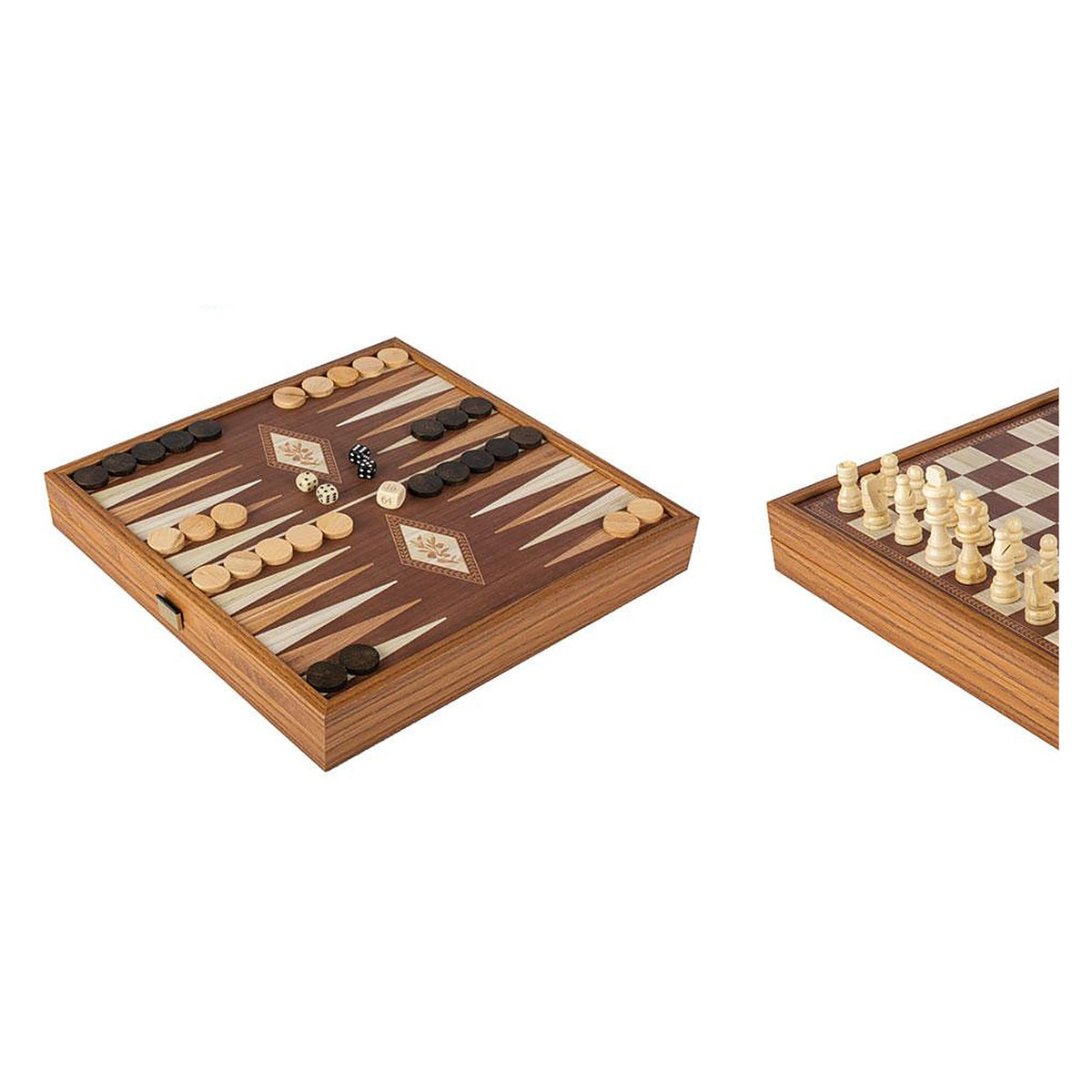 Manopoulos 4-In-1 Combo Game - Chess, Backgammon, Ludo & Snakes – Classic Walnut