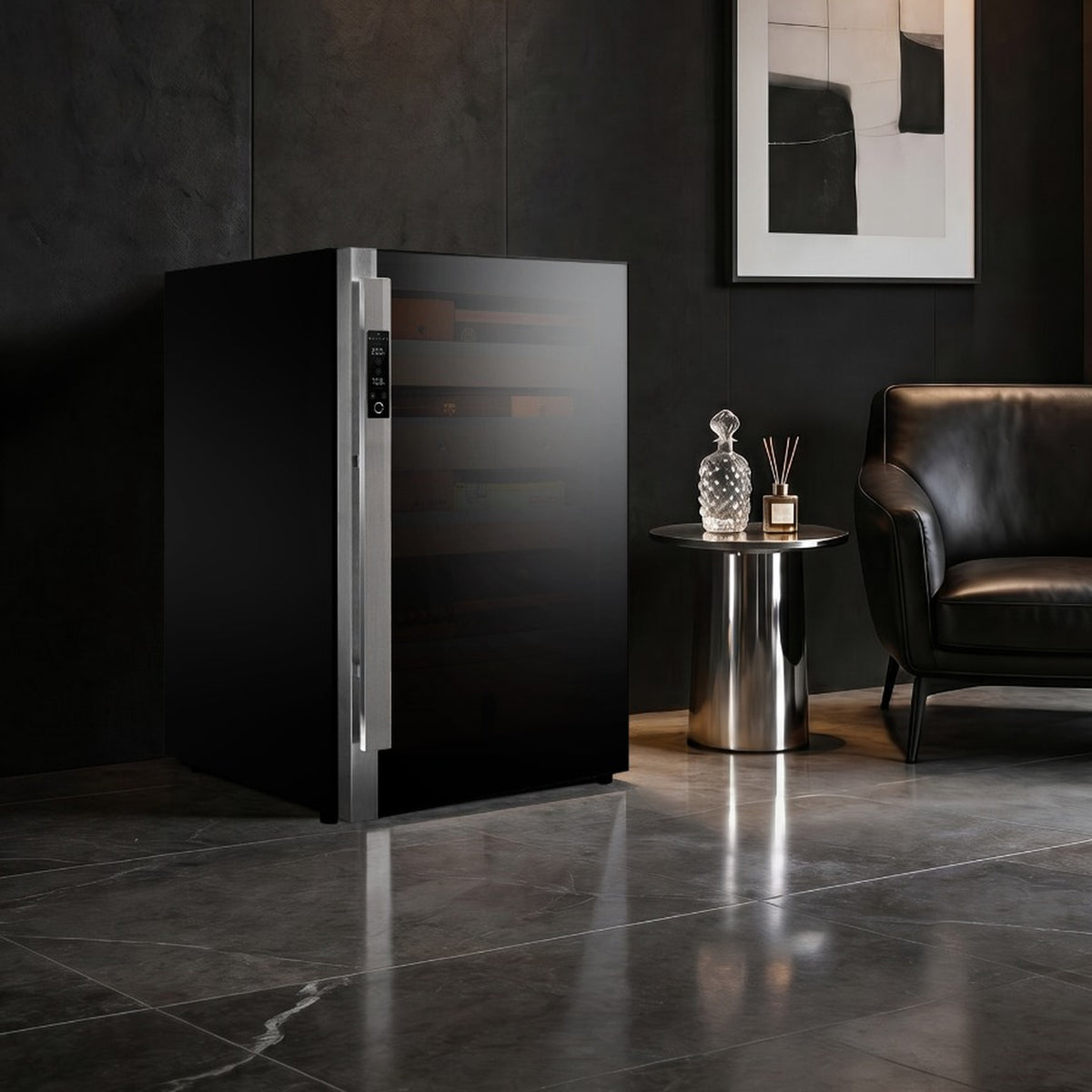 Raching DM50 Dark Matter cigar cabinet beside a leather armchair