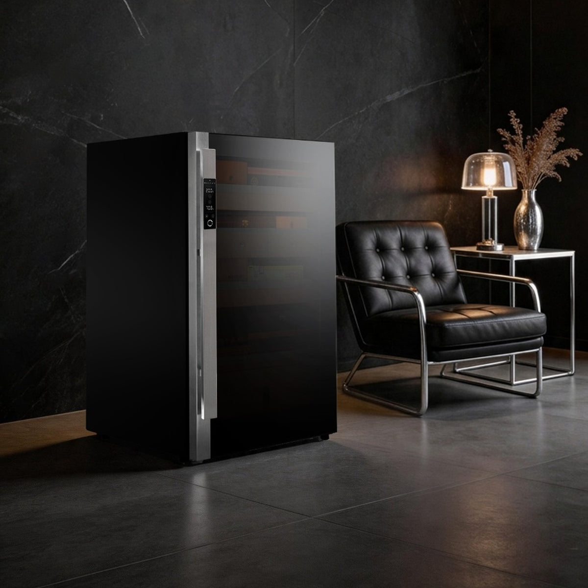 Raching DM50 Dark Matter cigar cabinet in a dark marble sitting room