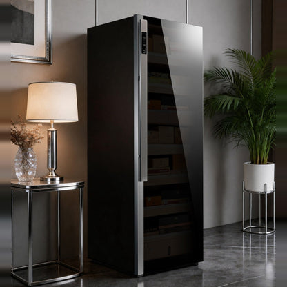 Raching DM56 Dark Matter cigar cabinet beside a console lamp and palm