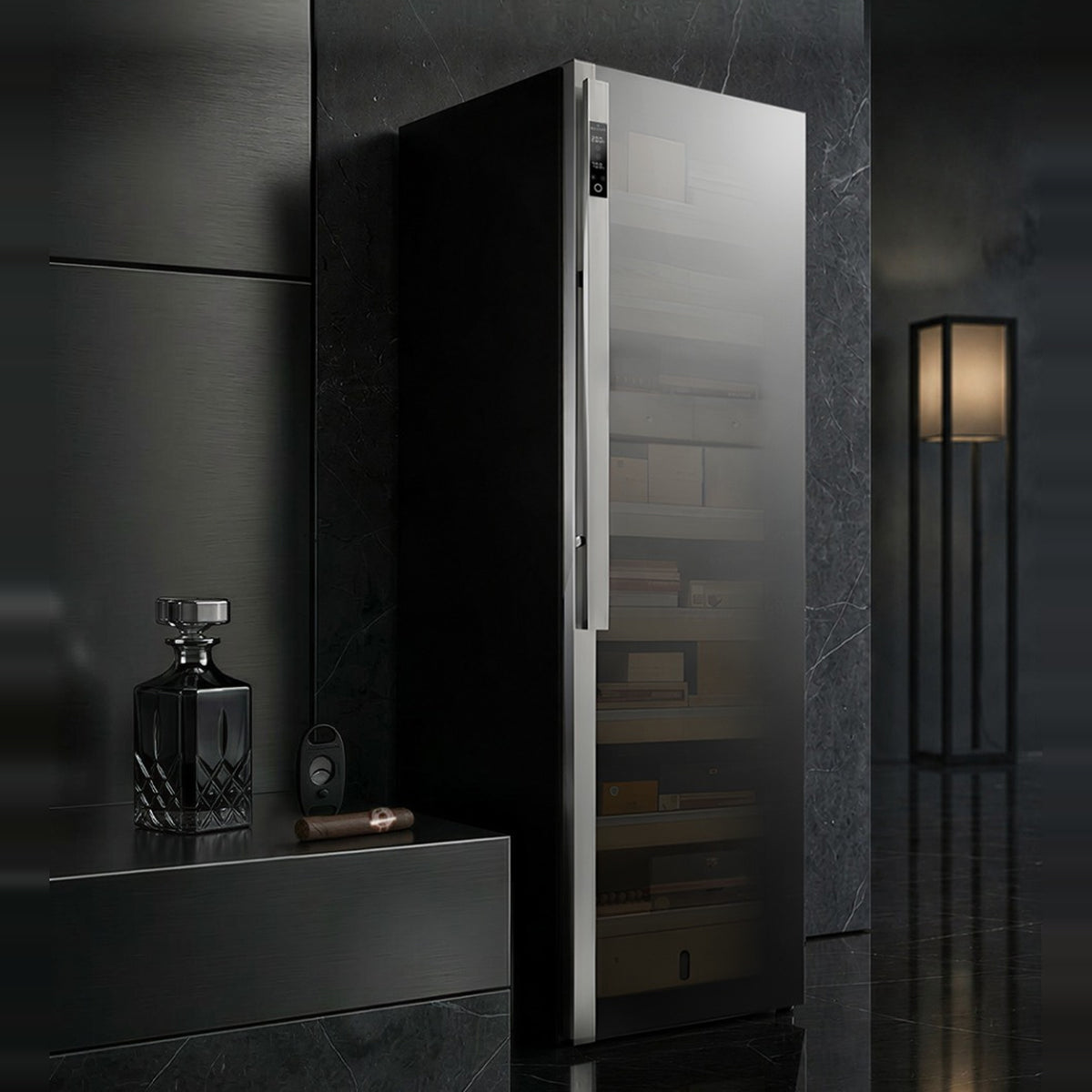 Raching DM58 Dark Matter cigar cabinet in a dark marble lounge