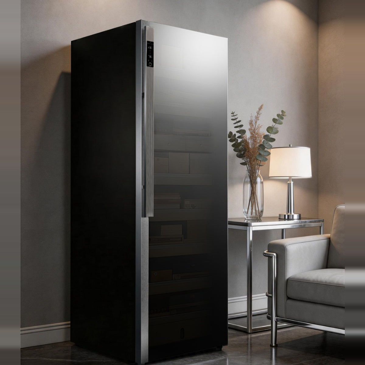 Raching DM58 Dark Matter cigar cabinet beside a lounge armchair