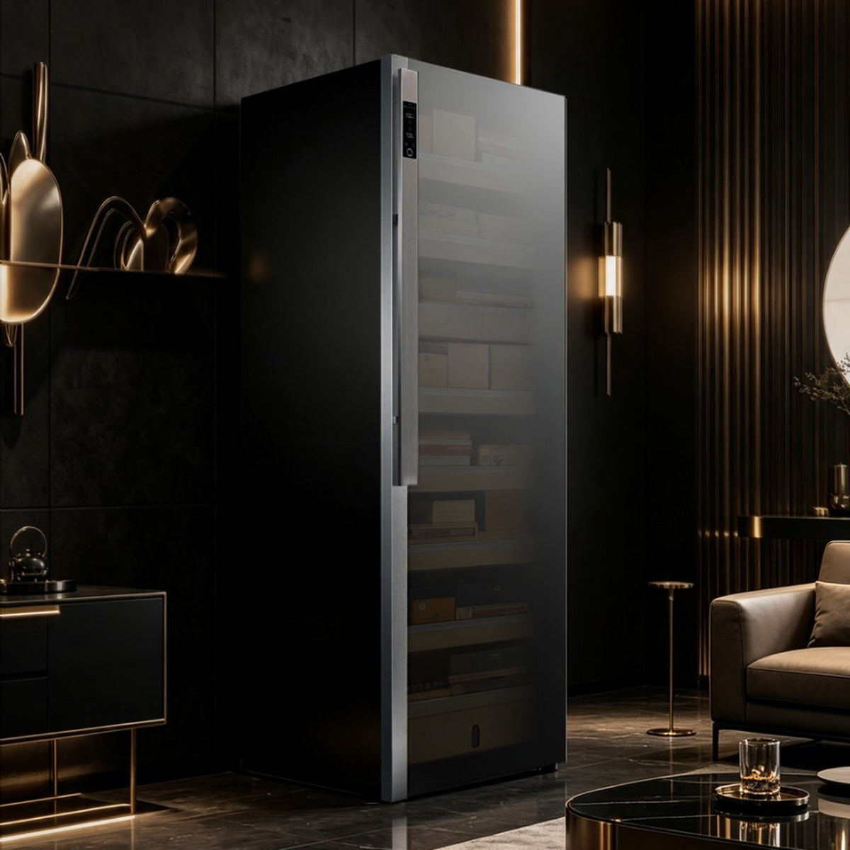 Raching DM58 Dark Matter cigar cabinet in a black and brass lounge