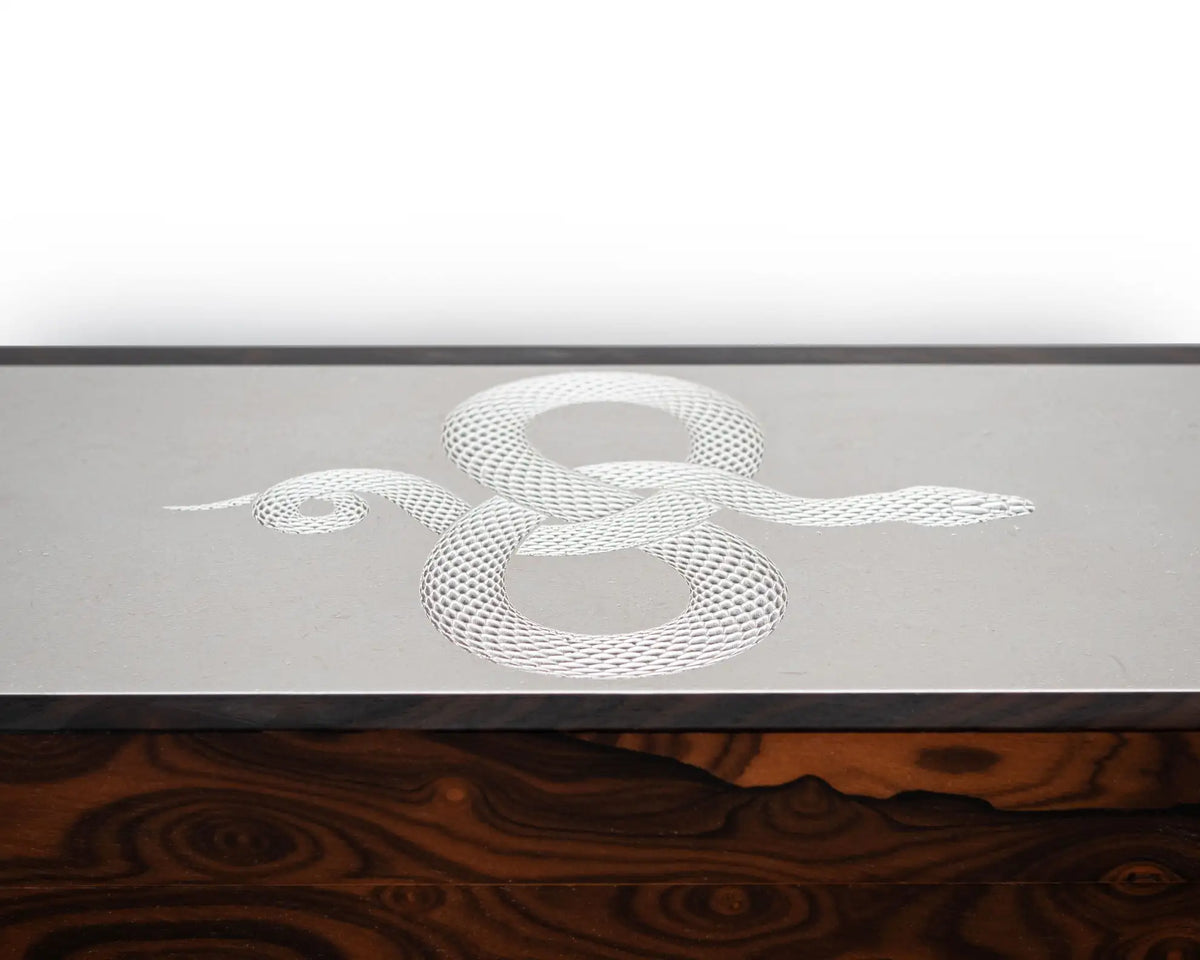 Litolite Snake limited-edition desk humidor, Ziricote with hand-carved marble lid