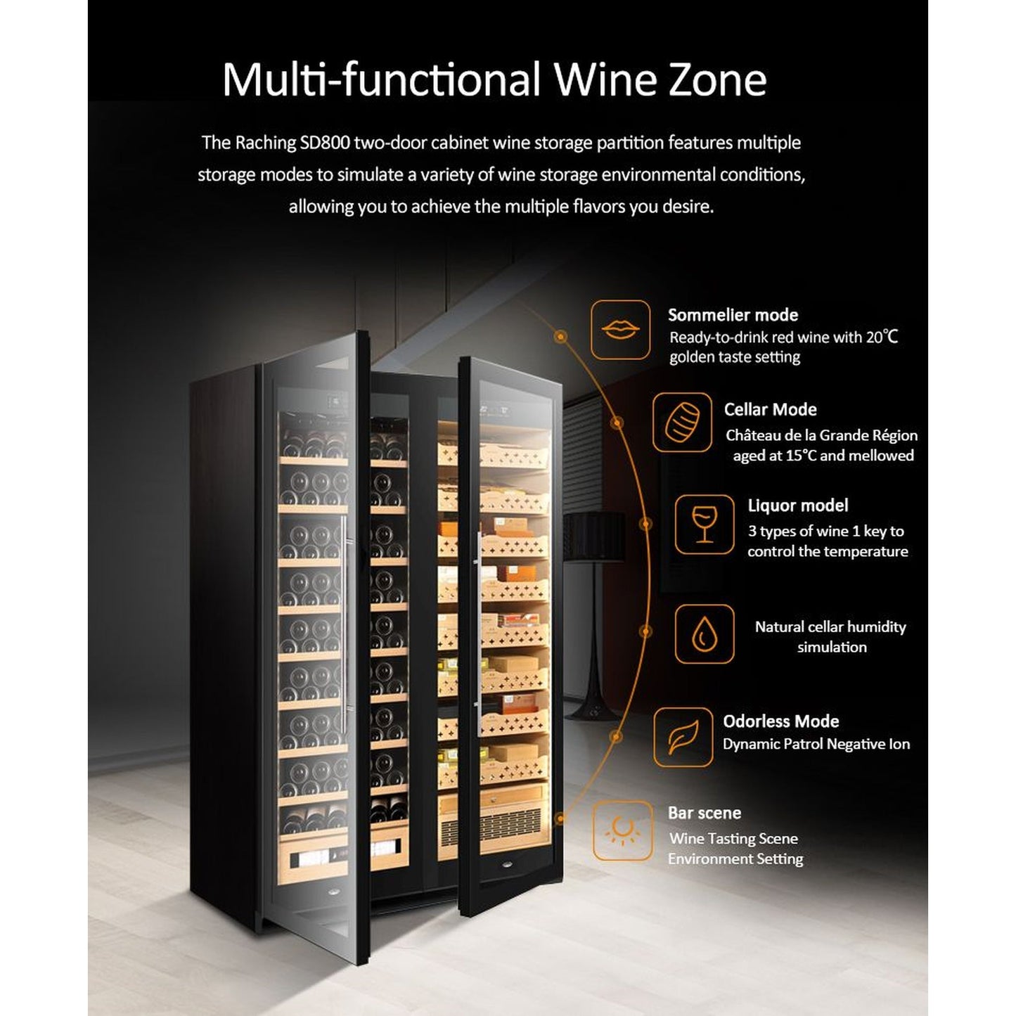 Raching SD 800 Double-Door Combine-Unit Cigar & Wine Cabinet Series - With Ammonia Removal — view 8