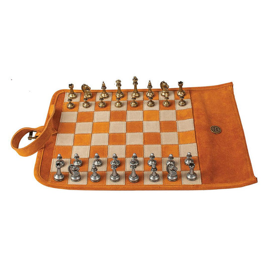 Manopoulos Suede Roll-Up Travel Chess Set – Cinnamon Brown