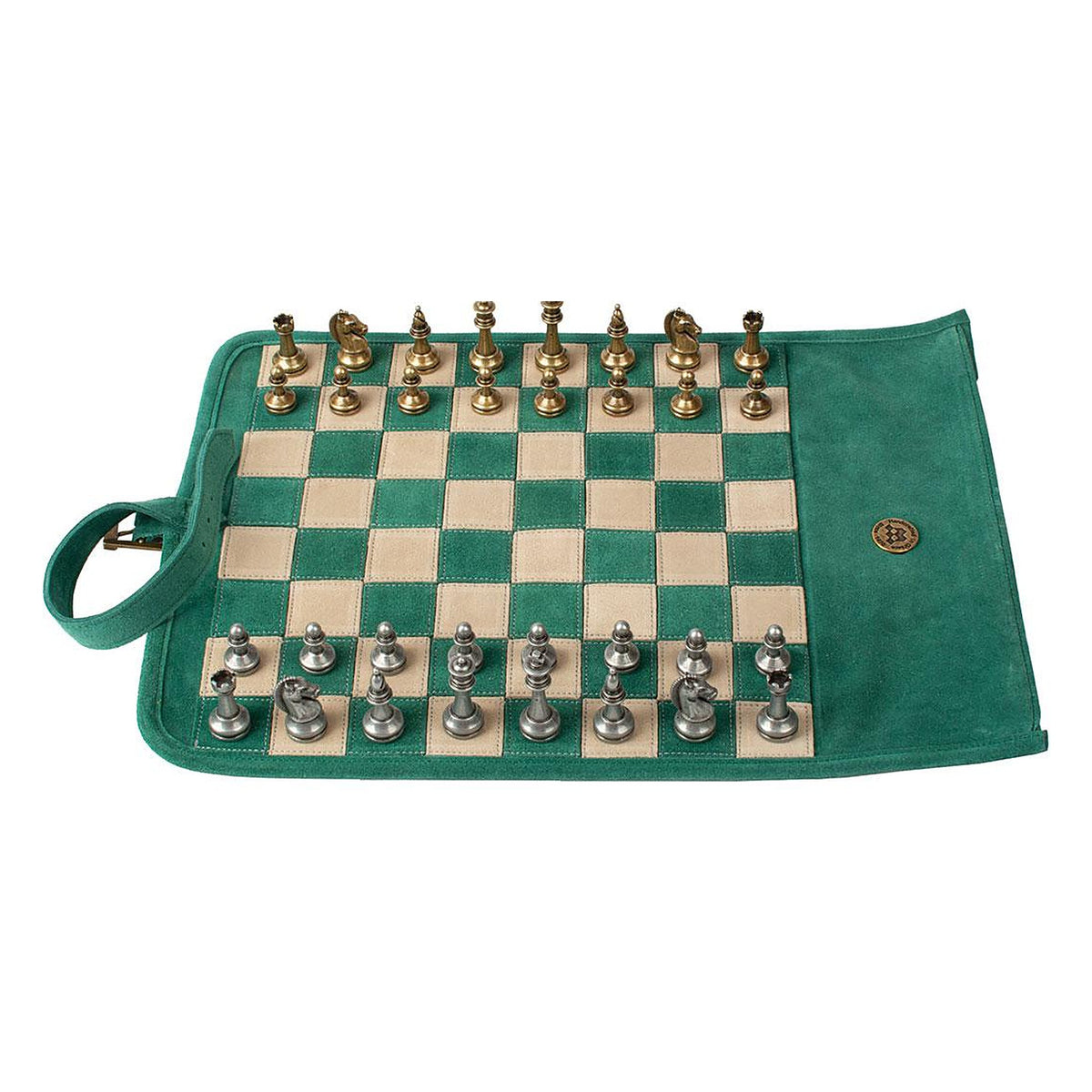 Manopoulos Suede Roll-Up Travel Chess Set – Forest Green