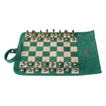 Manopoulos Suede Roll-Up Travel Chess Set – Forest Green