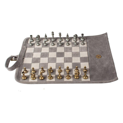 Manopoulos Suede Roll-Up Travel Chess Set – Concrete Grey