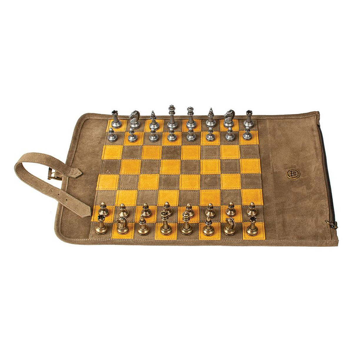 Manopoulos Suede Roll-Up Travel Chess Set – Khaki Brown