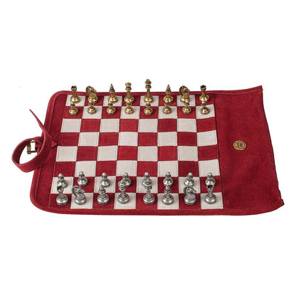 Manopoulos Suede Roll-Up Travel Chess Set – Burgundy Red