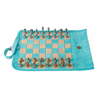 Manopoulos Suede Roll-Up Travel Chess Set – Turquoise