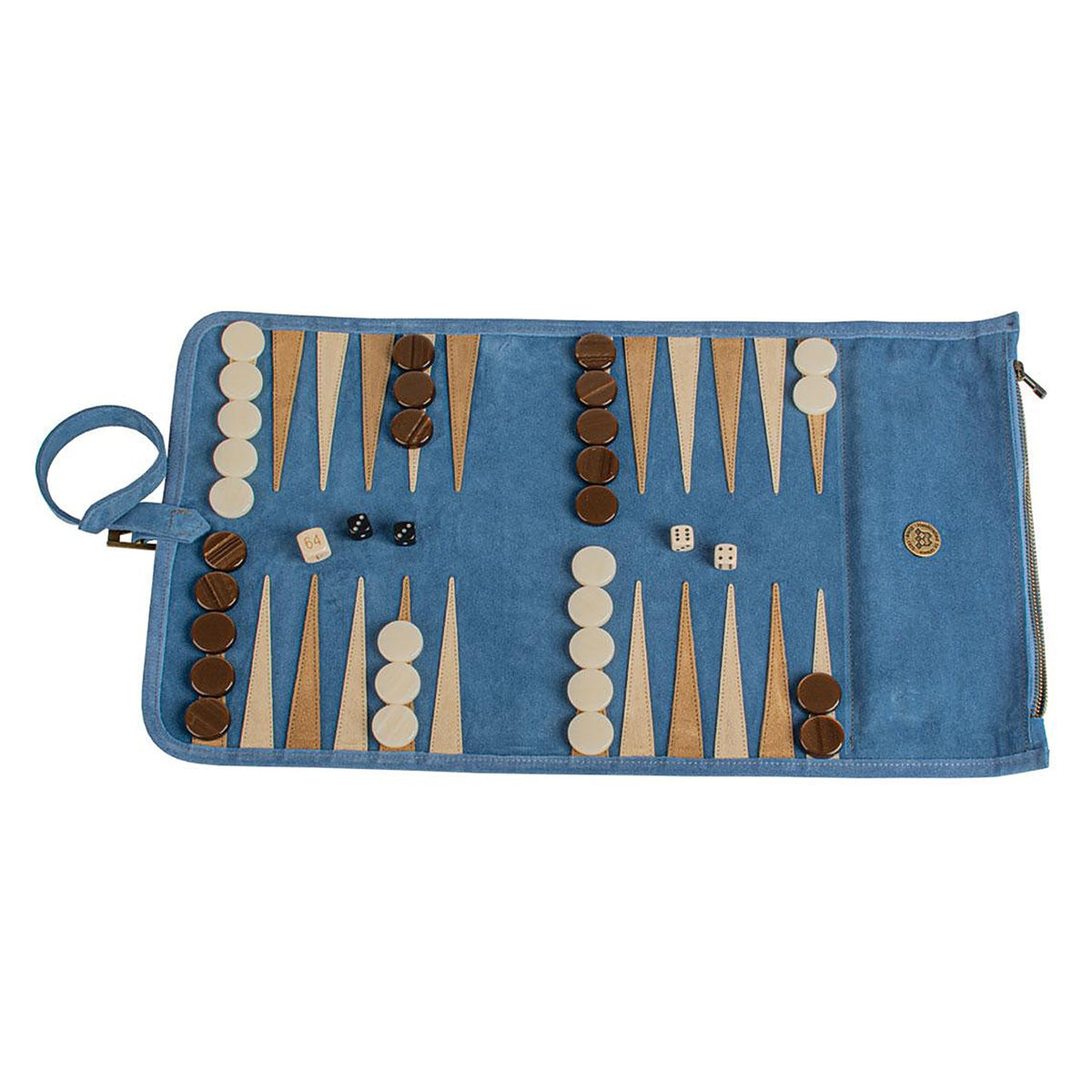 Manopoulos Suede Roll-Up Travel Backgammon – Denim Blue