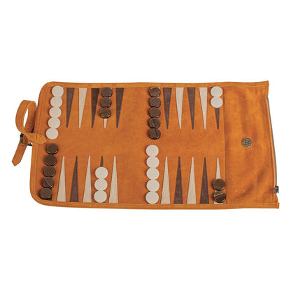 Manopoulos Suede Roll-Up Travel Backgammon – Cinnamon Brown
