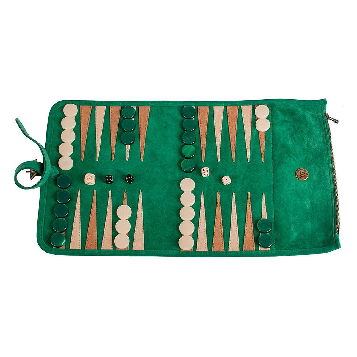 Manopoulos Suede Roll-Up Travel Backgammon – Forest Green