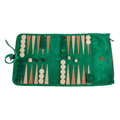 Manopoulos Suede Roll-Up Travel Backgammon – Forest Green