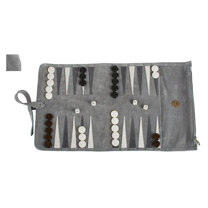 Manopoulos Suede Roll-Up Travel Backgammon – Concrete Grey