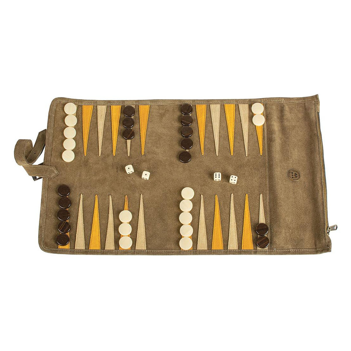 Manopoulos Suede Roll-Up Travel Backgammon – Khaki Brown