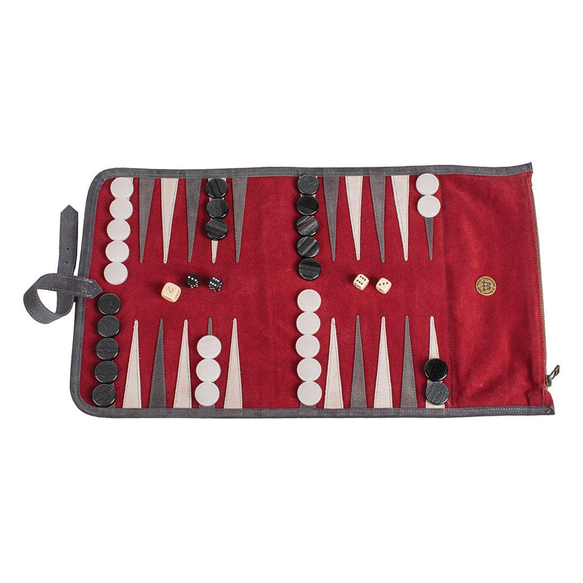 Manopoulos Suede Roll-Up Travel Backgammon – Burgundy Red
