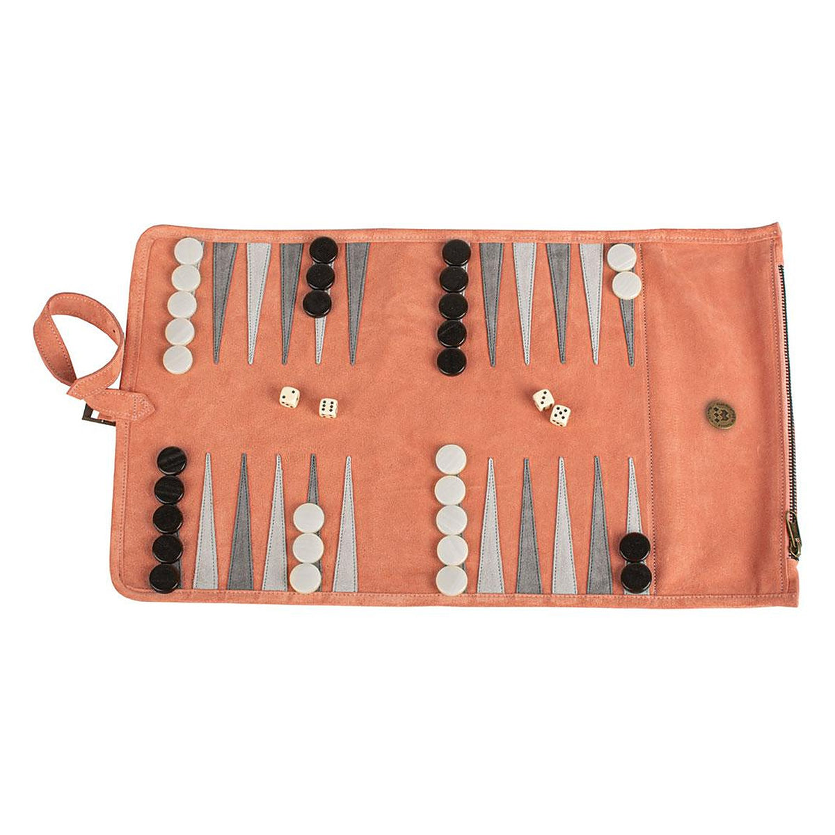 Manopoulos Suede Roll-Up Travel Backgammon – Salmon