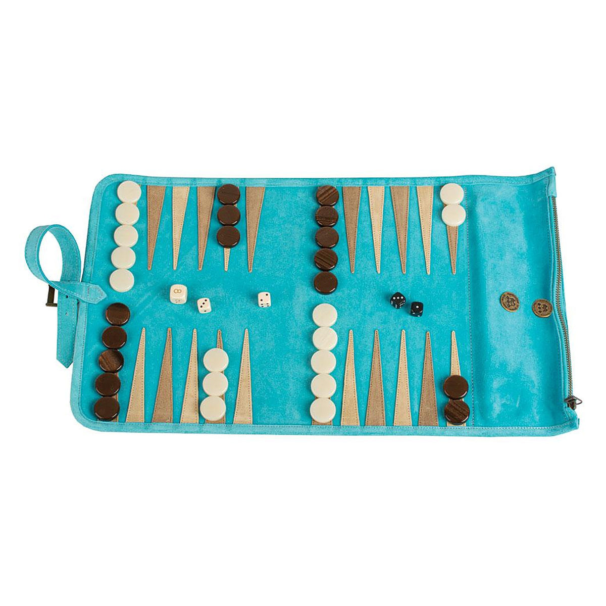 Manopoulos Suede Roll-Up Travel Backgammon – Turquoise