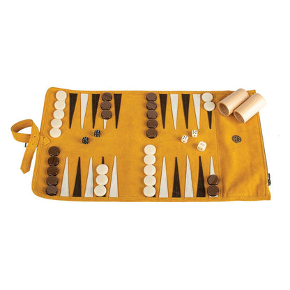 Manopoulos Suede Roll-Up Travel Backgammon – Warm Yellow