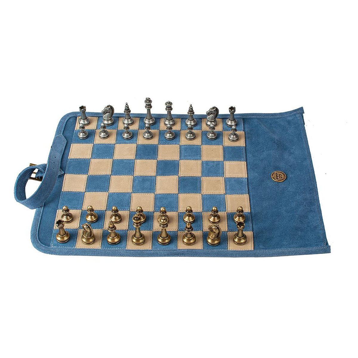 Manopoulos Suede Roll-Up Travel Chess Set – Denim Blue
