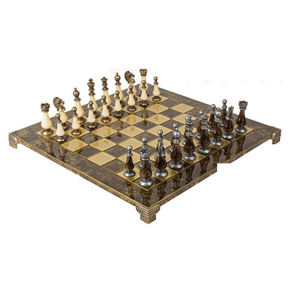 Manopoulos Limited Edition Metal Staunton Chess Set With Pearl Elements – Brown & Ivory · brown patina board