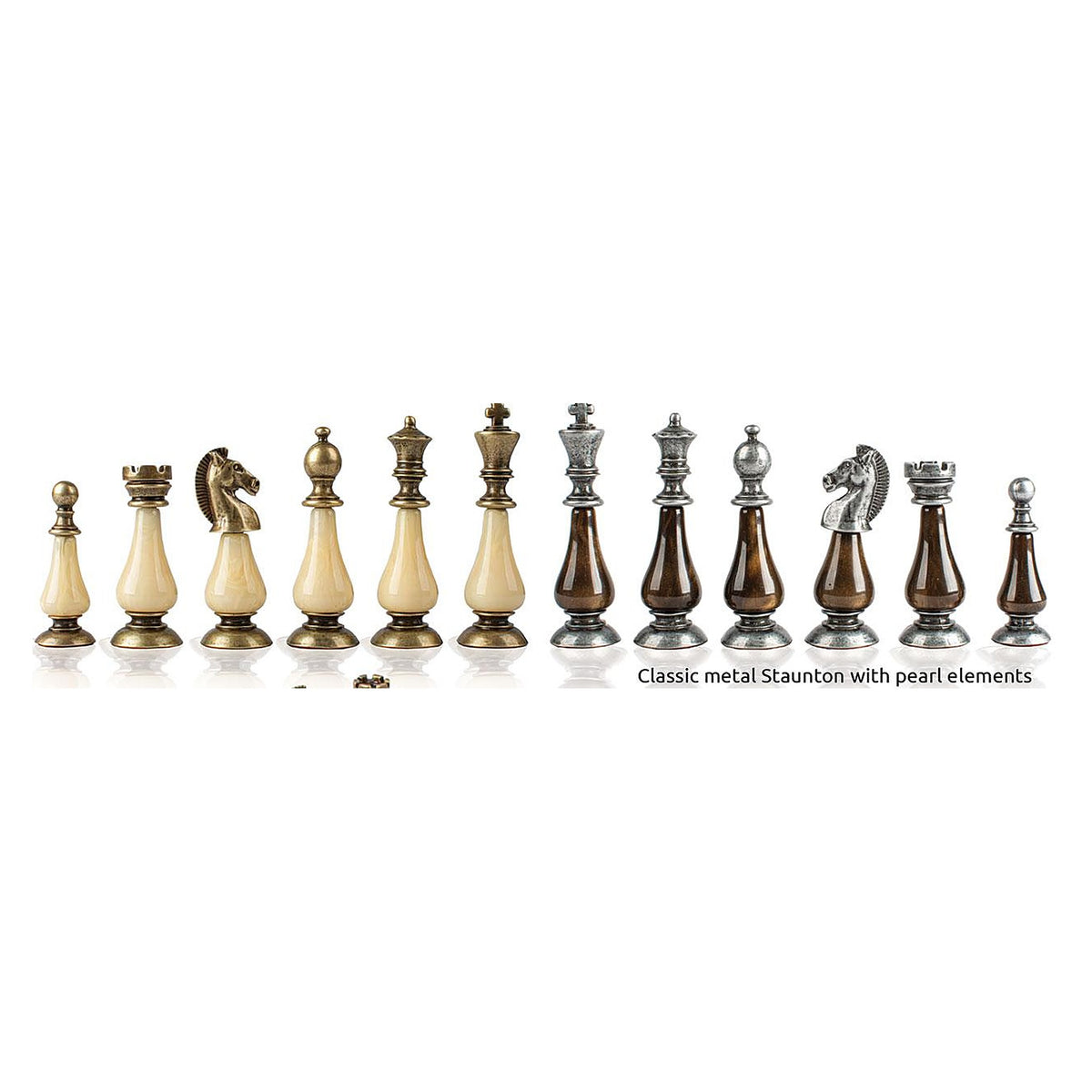 Manopoulos Limited Edition Metal Staunton Chess Set With Pearl Elements – Brown & Ivory · brown patina board (2)