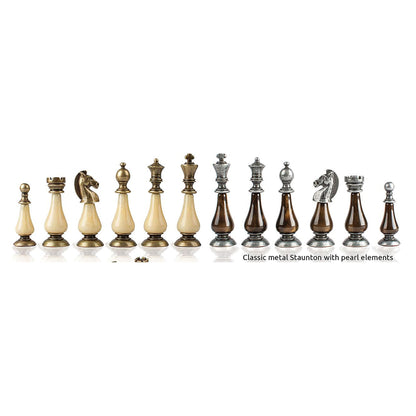 Manopoulos Limited Edition Metal Staunton Chess Set With Pearl Elements – Brown & Ivory · brown patina board (2)