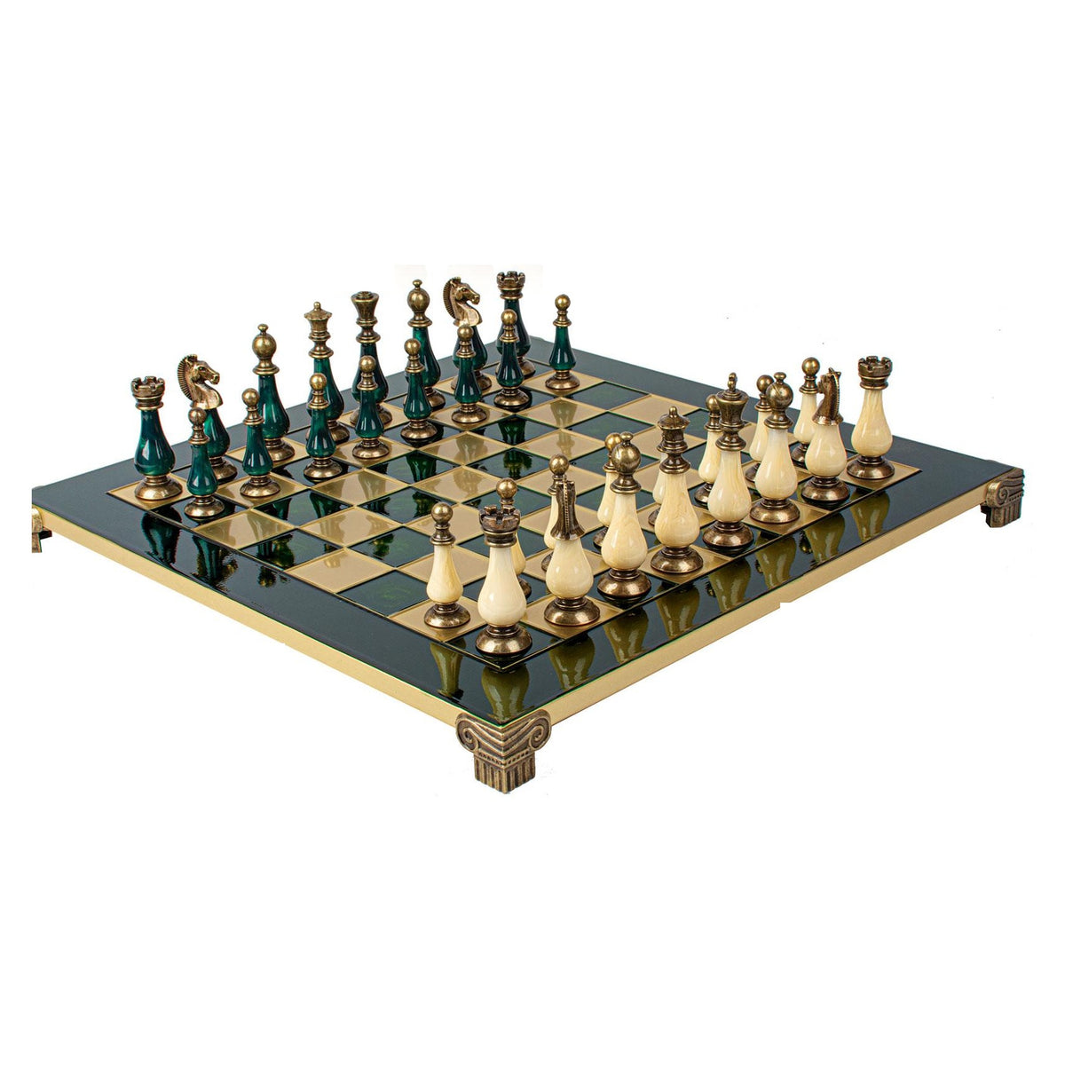 Manopoulos Limited Edition Metal Staunton Chess Set With Pearl Elements – Green & Ivory · green board
