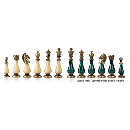 Manopoulos Limited Edition Metal Staunton Chess Set With Pearl Elements – Green & Ivory · green board (2)
