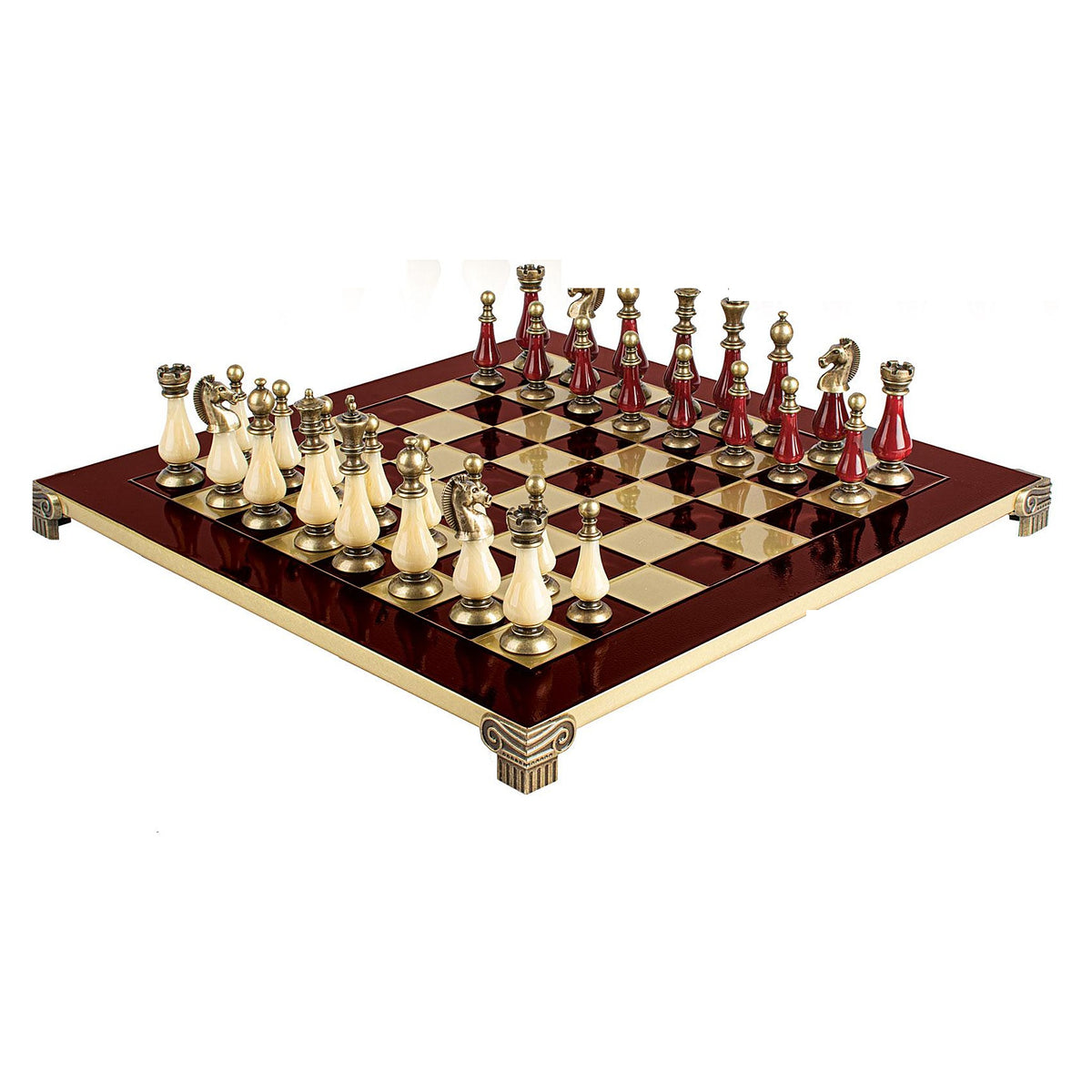 Manopoulos Limited Edition Metal Staunton Chess Set With Pearl Elements – Red & Ivory · red board