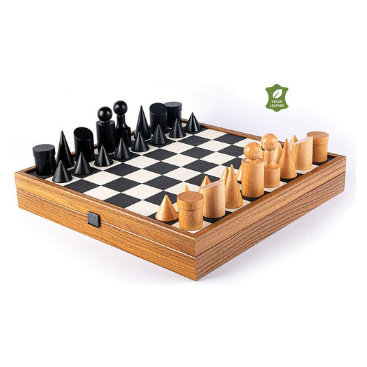 Manopoulos Bauhaus Chess Set With Vegan Leather Chessboard – Black & White