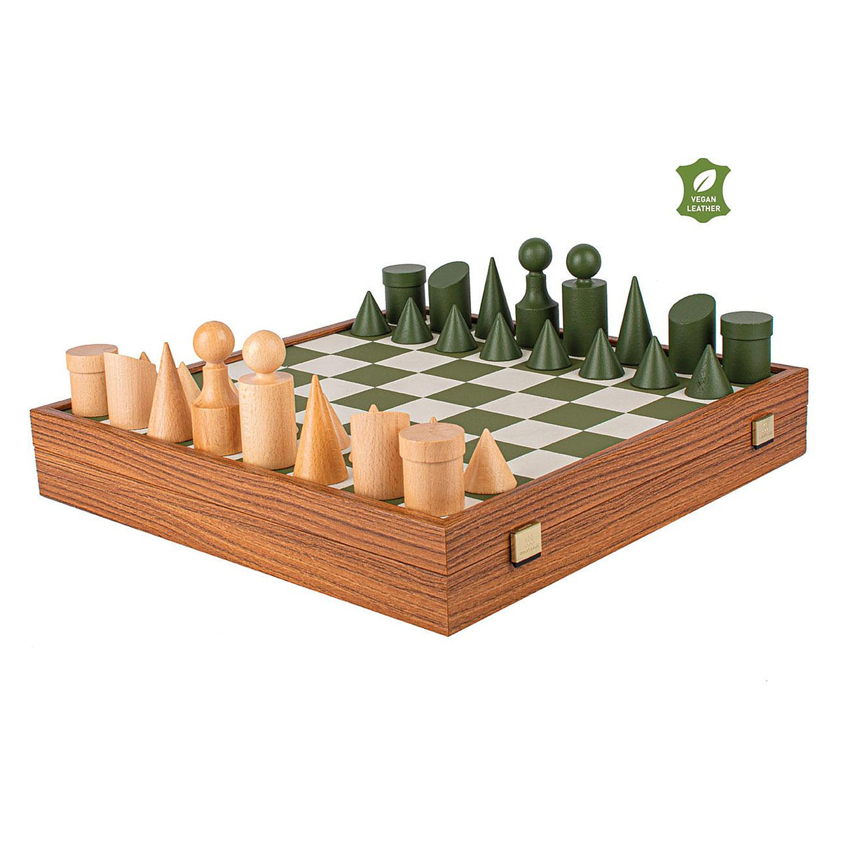 Manopoulos Bauhaus Chess Set With Vegan Leather Chessboard – Olive Green & White