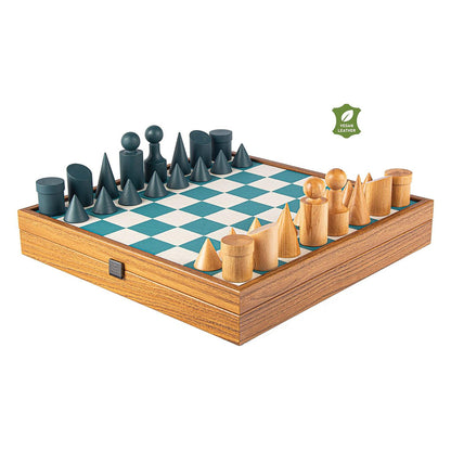 Manopoulos Bauhaus Chess Set With Vegan Leather Chessboard – Turquoise & White